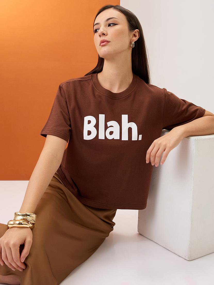 women brown typography print round neck short sleeves boxy fit t-shirt - 21980186 -  Zoom Image - 0