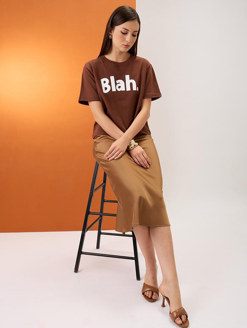 women brown typography print round neck short sleeves boxy fit t-shirt - 21980186 - Standard Image - 3