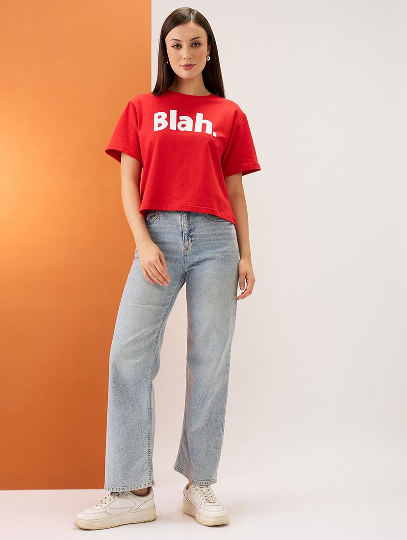 women red typography print round neck short sleeves boxy fit t-shirt - 21980187 - Standard Image - 3