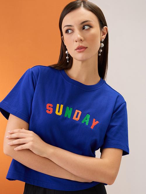 women blue embroidered typography round neck short sleeves boxy fit crop t-shirt - 21980188 - Standard Image - 0