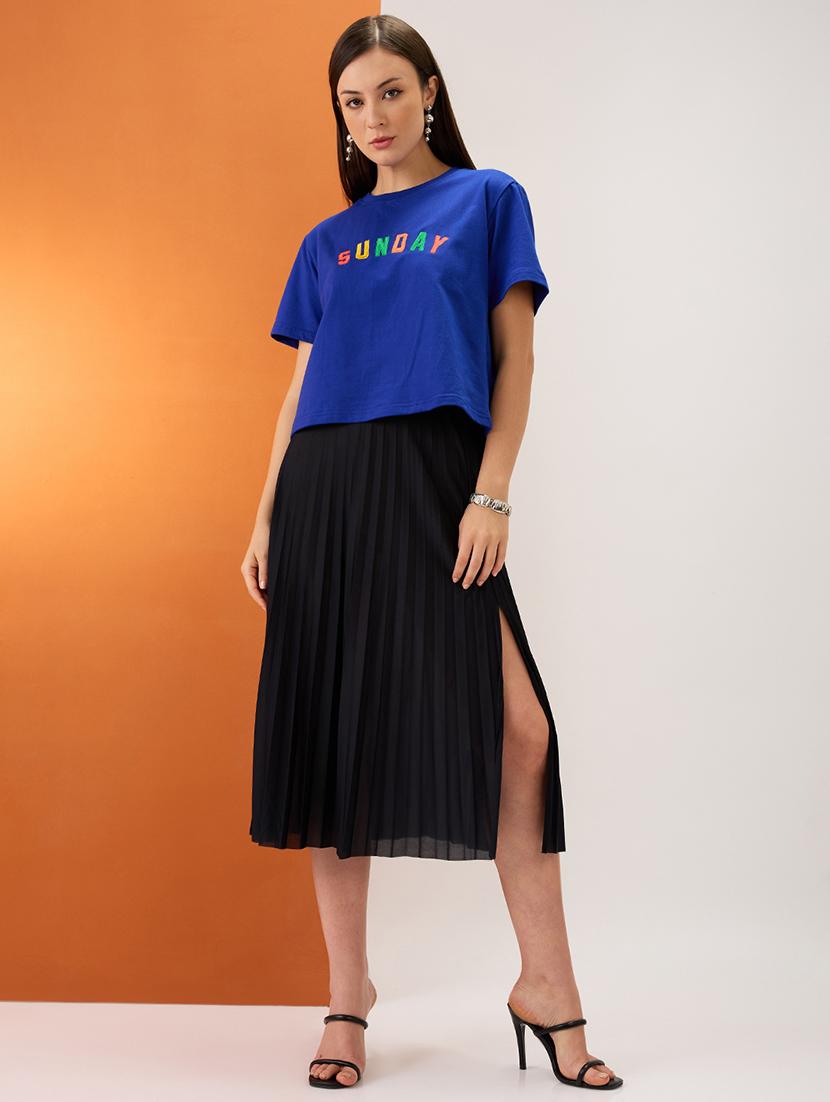 women blue embroidered typography round neck short sleeves boxy fit crop t-shirt - 21980188 - Standard Image - 3