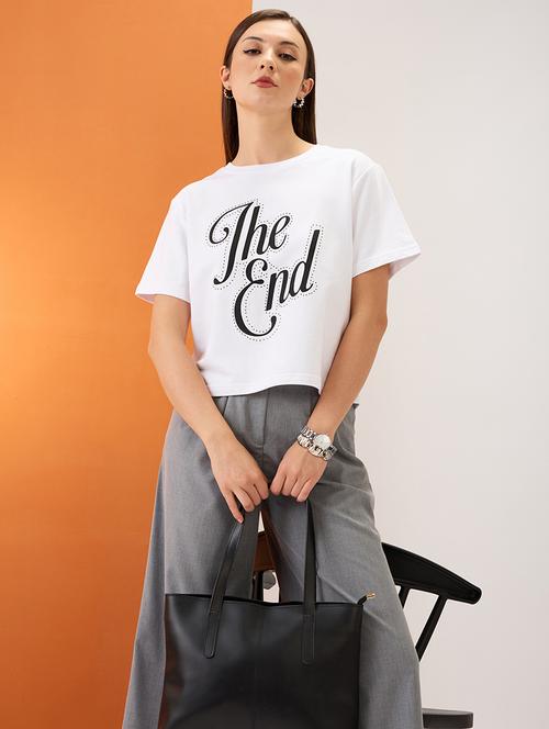 women white typography print embellished detail round neck short sleeves boxy fit crop t-shirt - 21980189 - Standard Image - 0