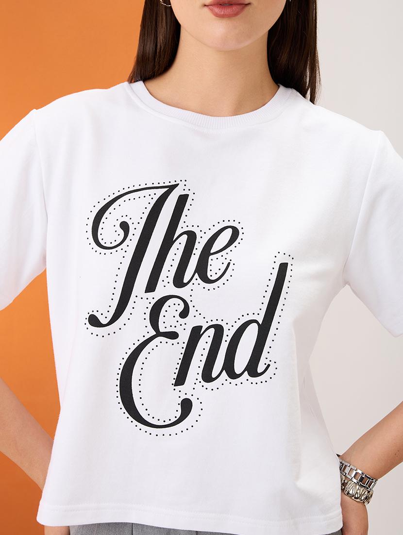 women white typography print embellished detail round neck short sleeves boxy fit crop t-shirt - 21980189 - Standard Image - 3