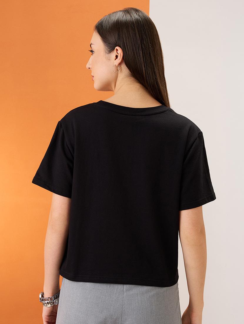 women black typography print embellished detail round neck short sleeves boxy fit crop t-shirt - 21980190 - Standard Image - 3