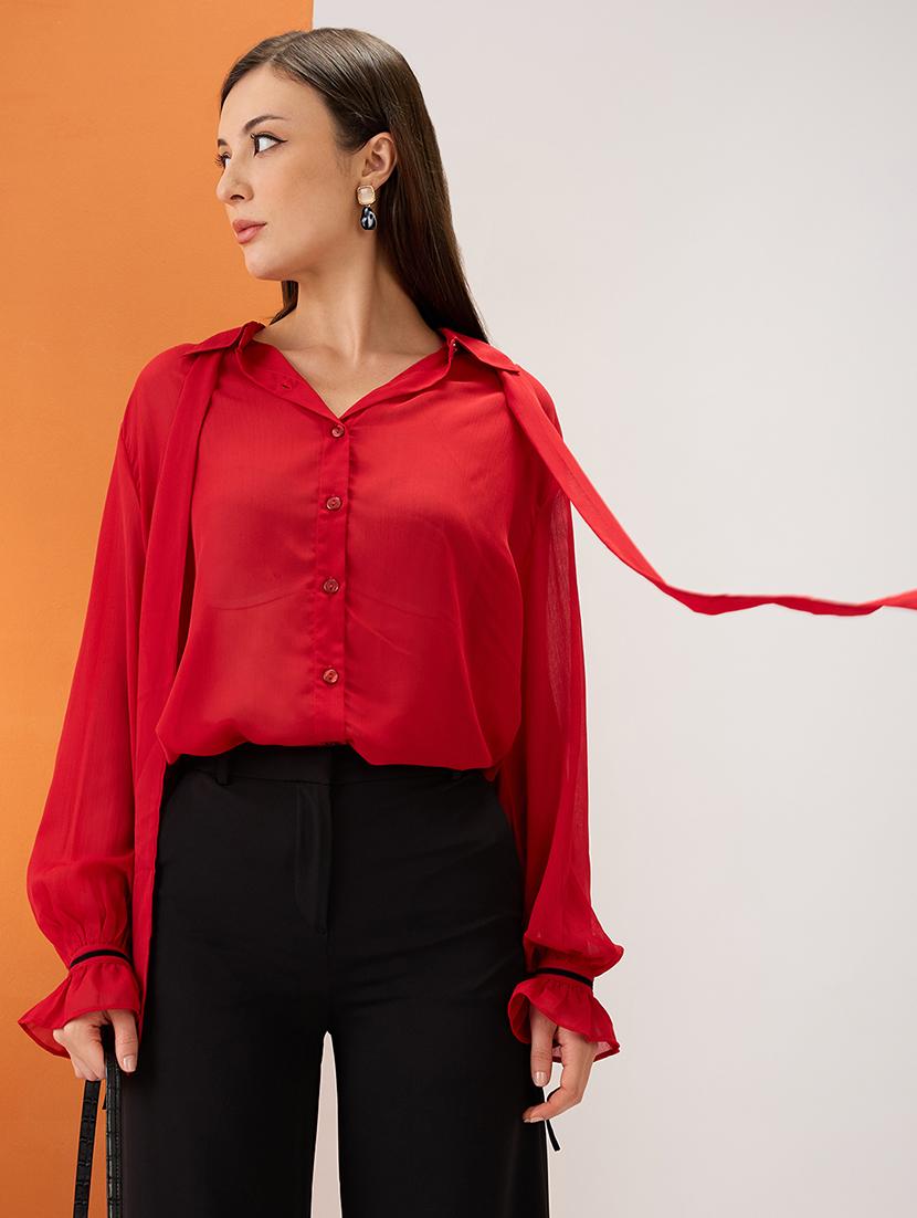 women red collared neck tie detail bishop sleeves chiffon party shirt - 21980192 - Zoom Image - 0