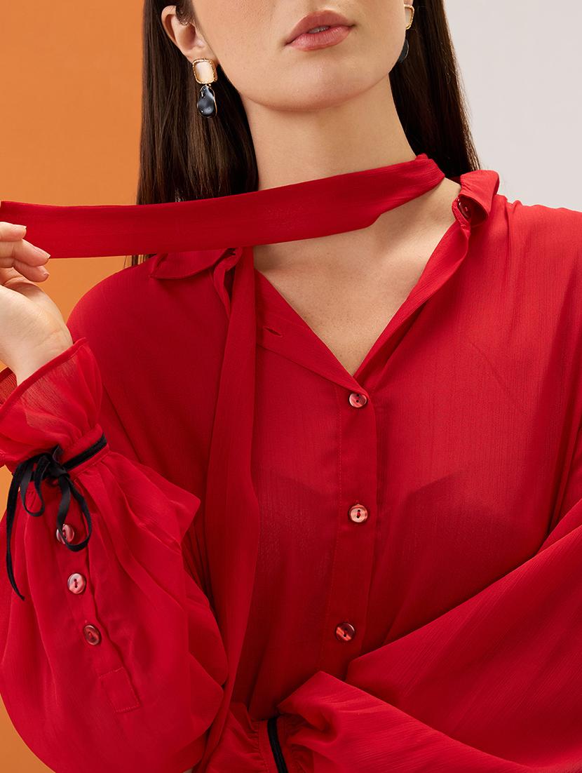 women red collared neck tie detail bishop sleeves chiffon party shirt - 21980192 - Standard Image - 3