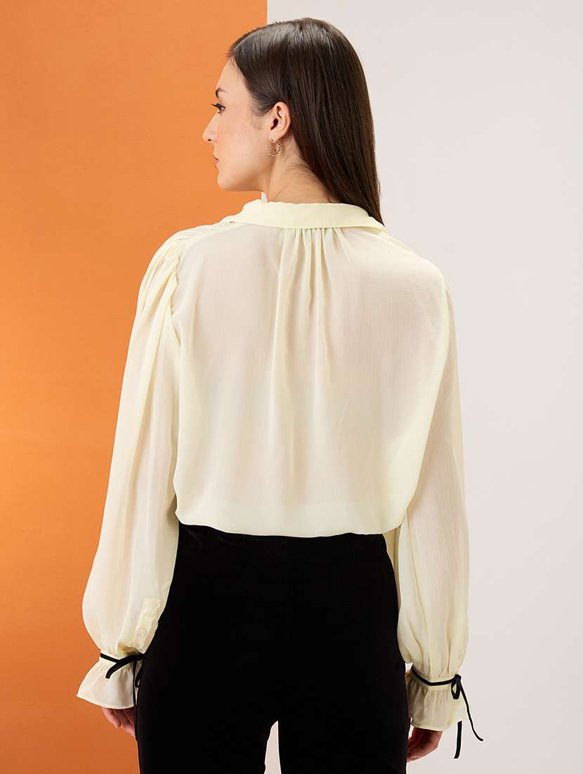 women yellow collared neck tie detail bishop sleeves chiffon party shirt - 21980193 - Standard Image - 3