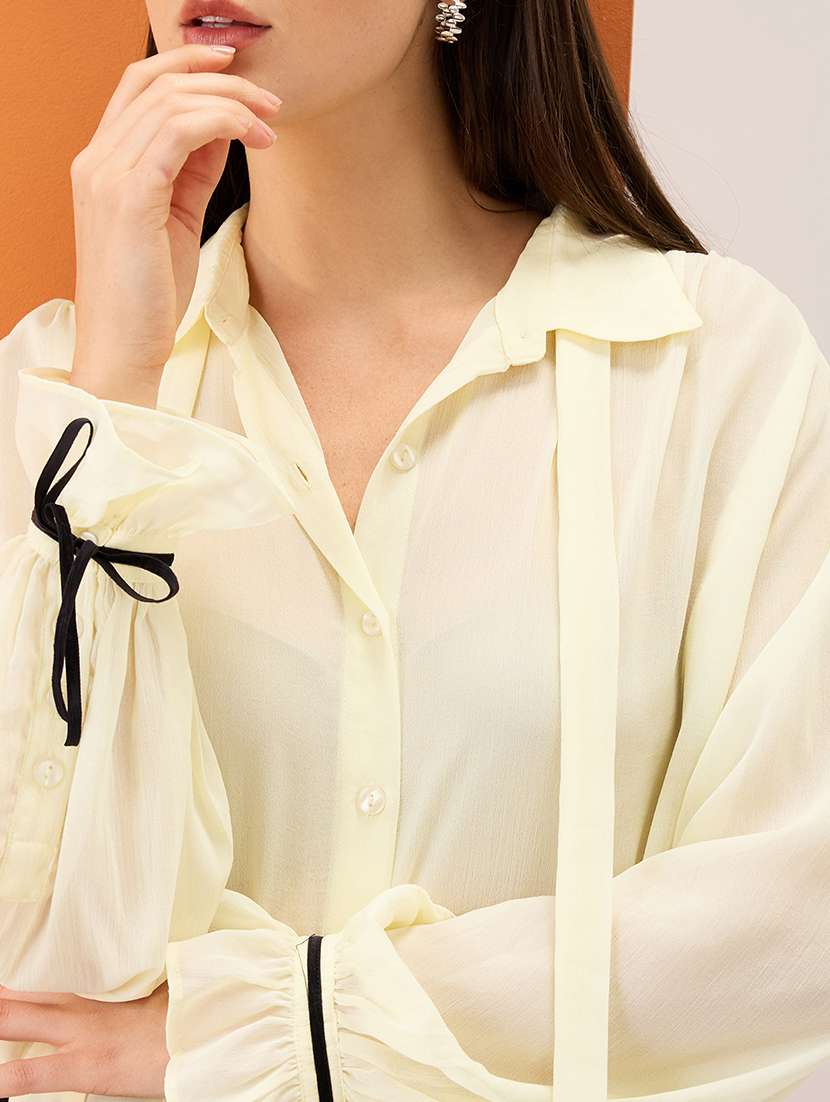 women yellow collared neck tie detail bishop sleeves chiffon party shirt - 21980193 - Standard Image - 5