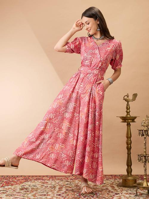 women pink wrap v-neck puff sleeves abstract print flared wide leg fusion jumpsuit with belt - 21980196 - Standard Image - 0