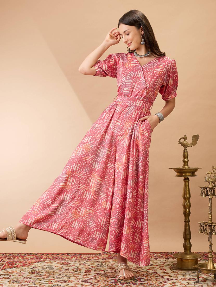 women pink wrap v-neck puff sleeves abstract print flared wide leg fusion jumpsuit with belt - 21980196 - Zoom Image - 0