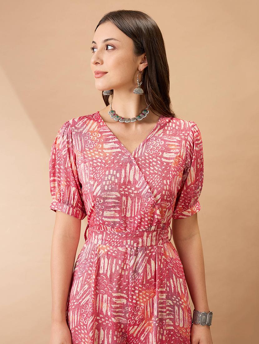 women pink wrap v-neck puff sleeves abstract print flared wide leg fusion jumpsuit with belt - 21980196 - Standard Image - 3