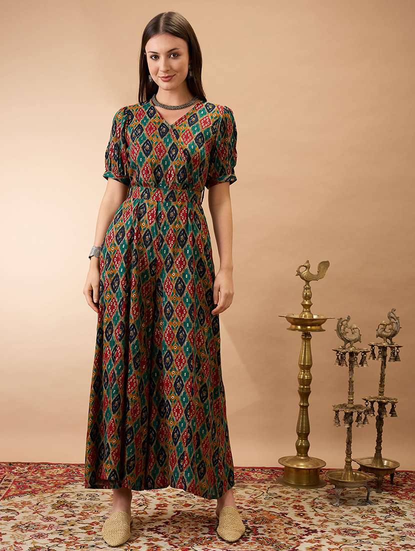 women multi color wrap v-neck puff sleeves ethnic motifs print flared wide leg fusion jumpsuit with belt