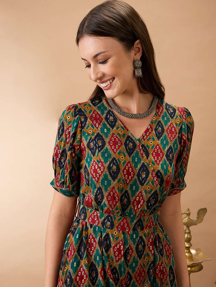 women multi color wrap v-neck puff sleeves ethnic motifs print flared wide leg fusion jumpsuit with belt - 21980197 -  Standard Image - 3