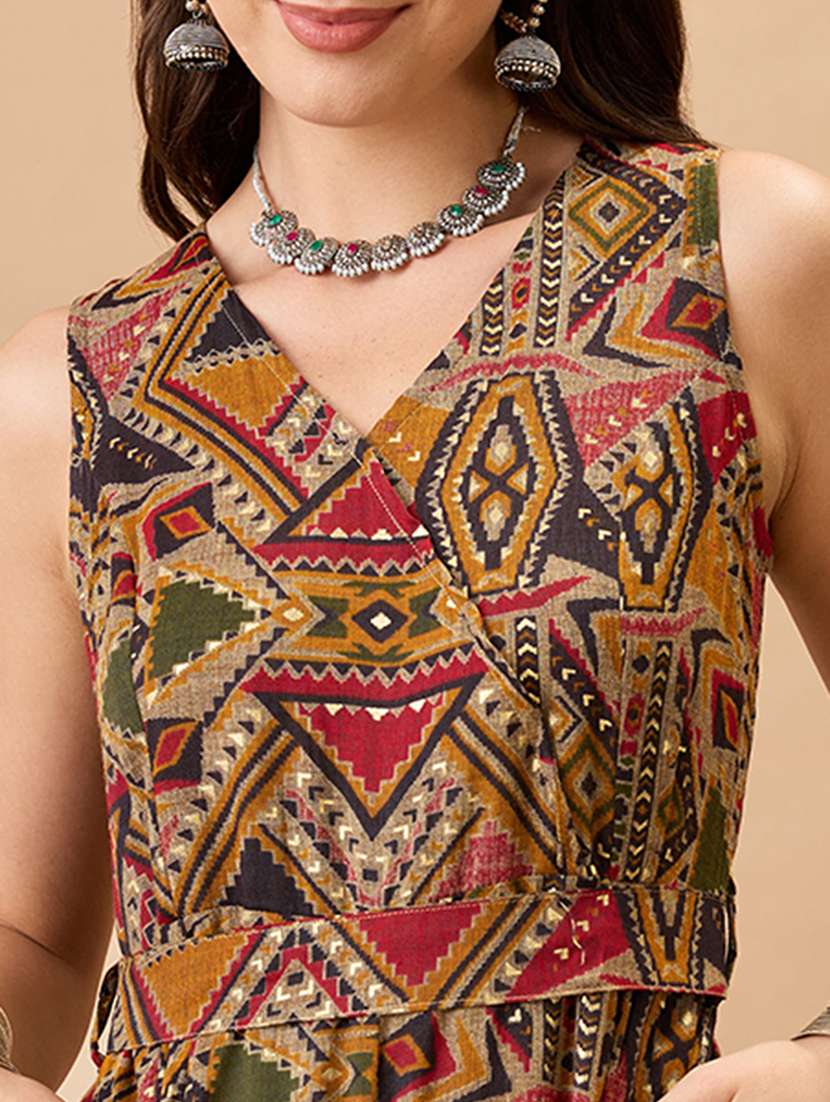 women mustard wrap v-neck sleeveless tribal print flared wide leg fusion jumpsuit with belt - 21980199 -  Standard Image - 3