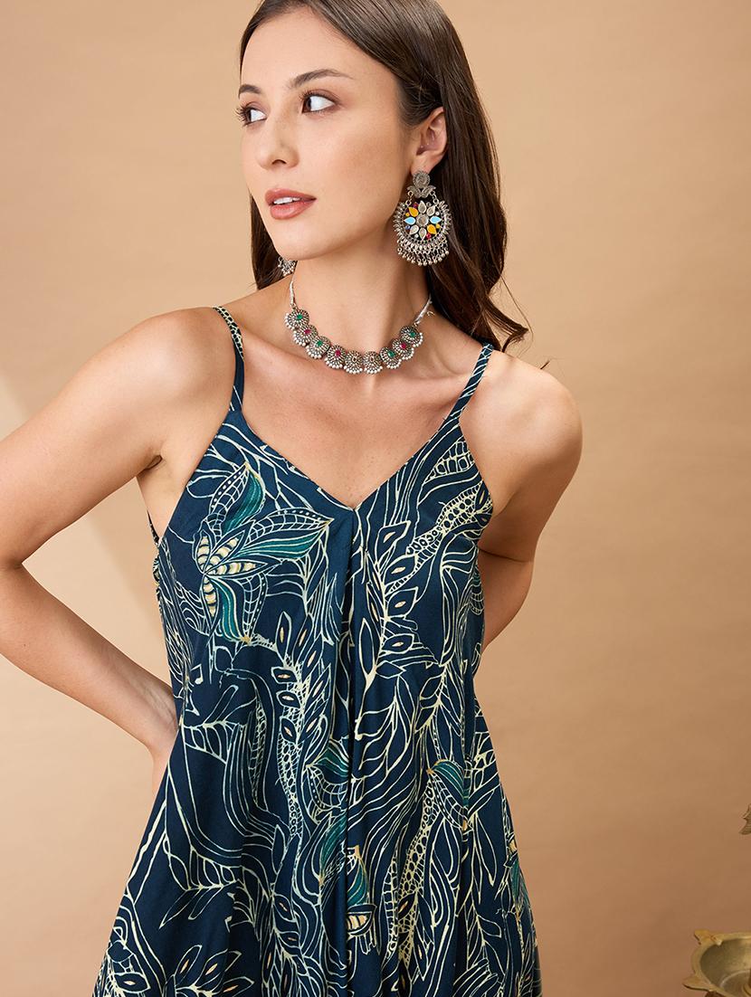 women teal floral print v-neck shoulder strap dhoti style fusion jumpsuit - 21980200 - Standard Image - 3