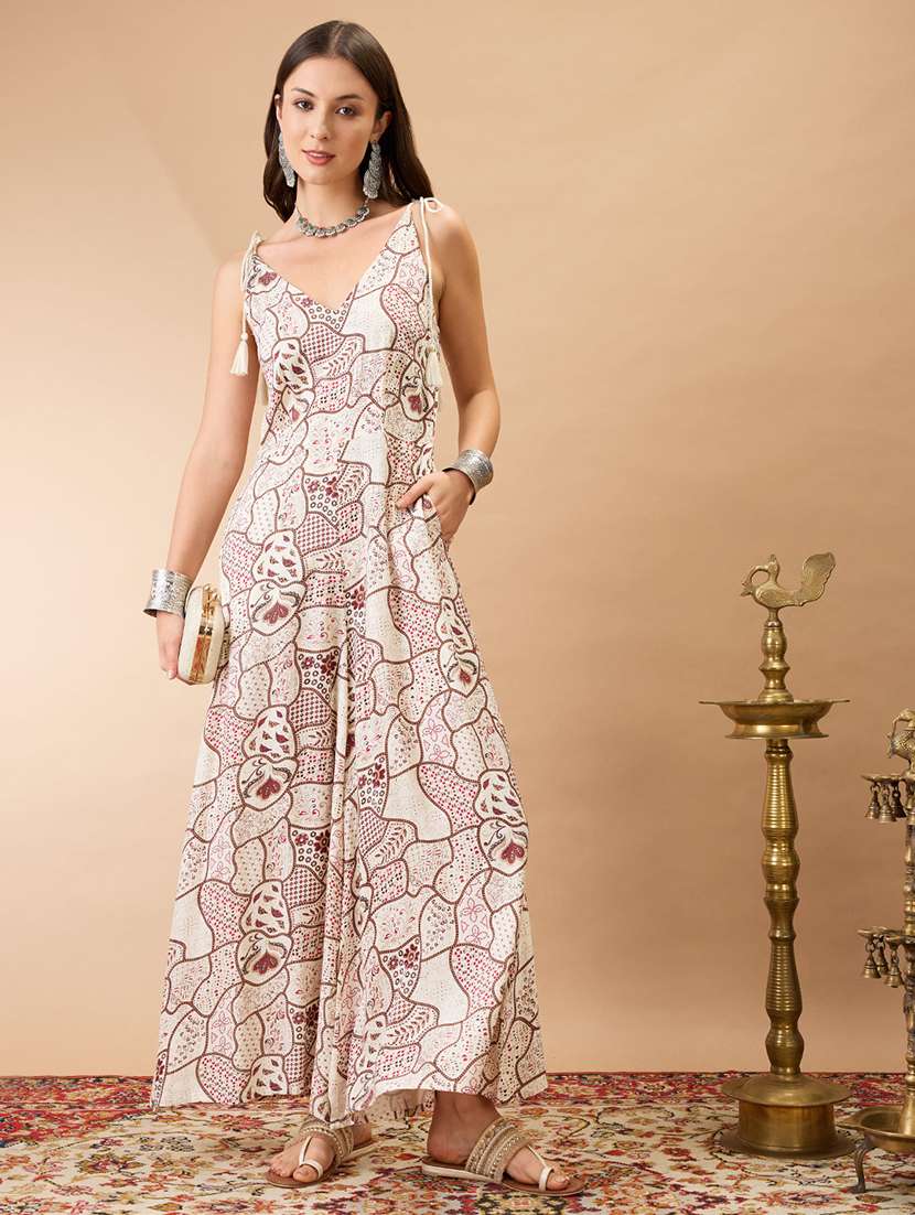 women printed shoulderwomen off white v-neck tie up sleeves ethnic print wide leg fusion jumpsuitstrap full length jumpsuit