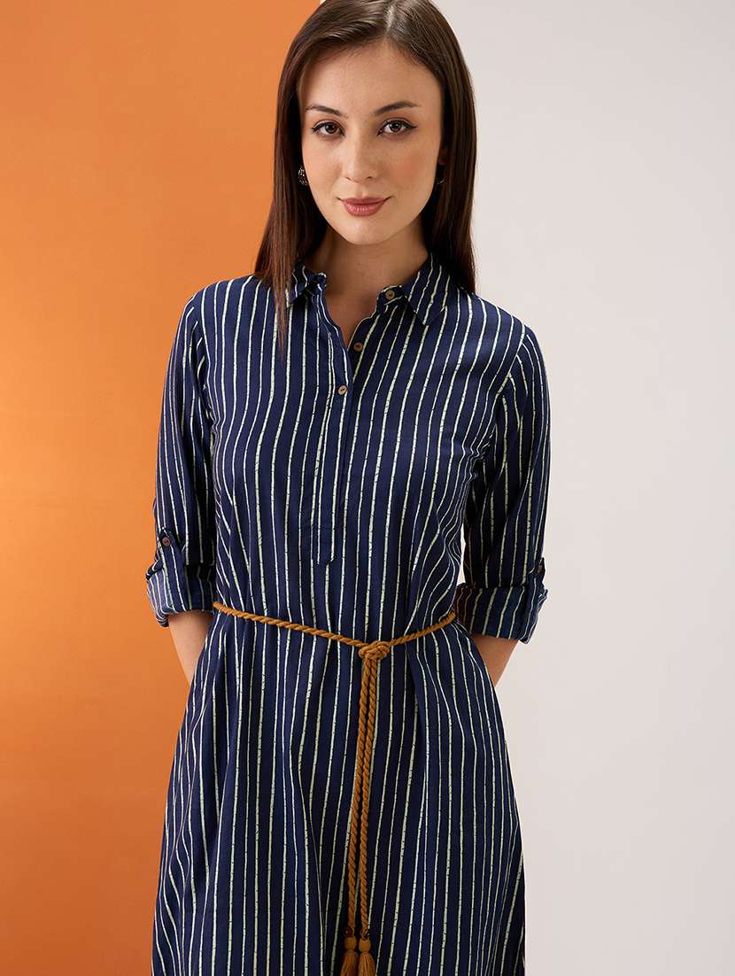 women indigo collared neck roll-up sleeves drawstring waist tie-up stripes midi a-line workwear dress - 21980209 -  Standard Image - 3