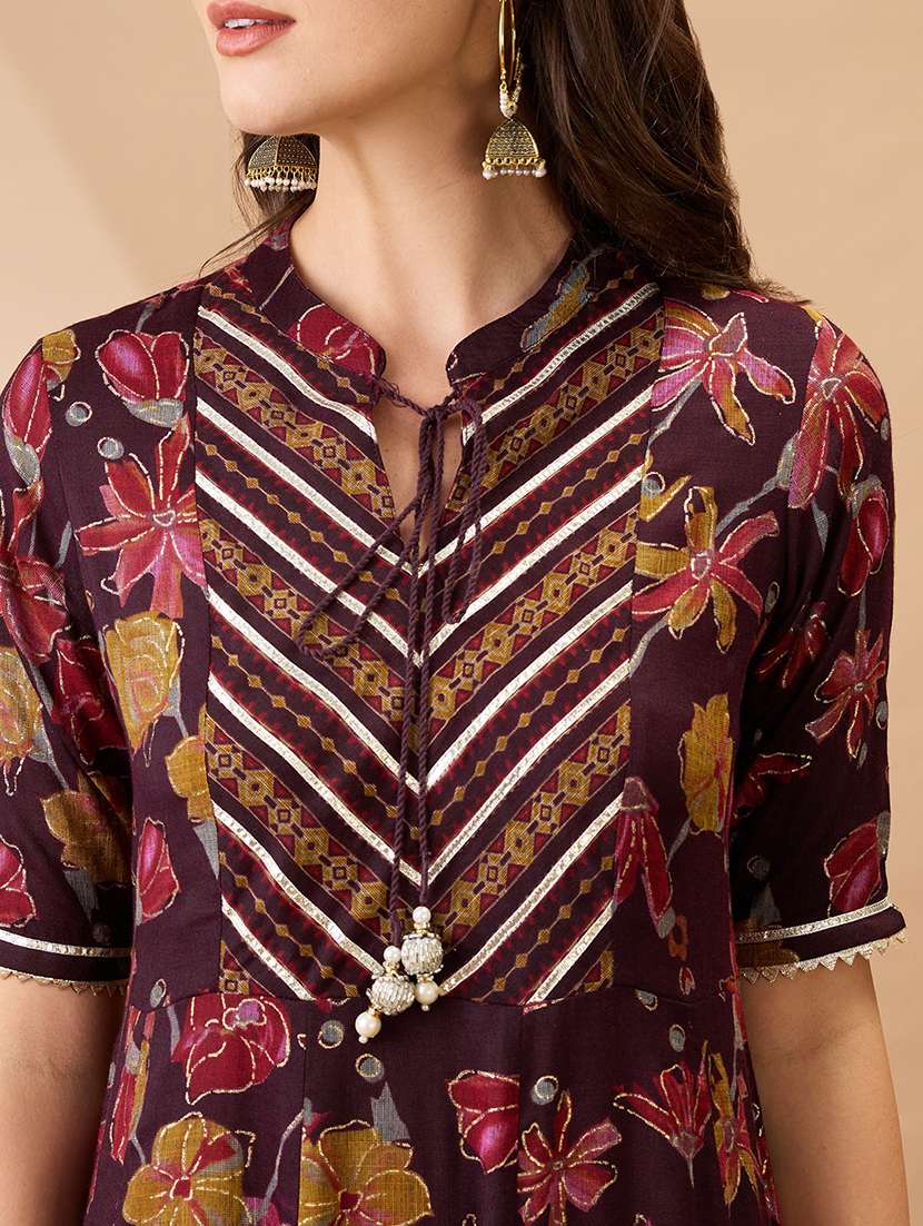 women wine floral print mandarin collar gota lace yoke flared hem a-line maxi dress - 21980210 -  Standard Image - 3