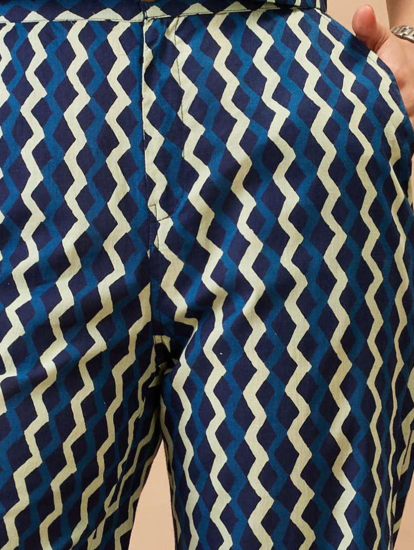 women indigo chevron print notch lapel crop shirt with straight pant co-ords set - 21980214 -  Standard Image - 5
