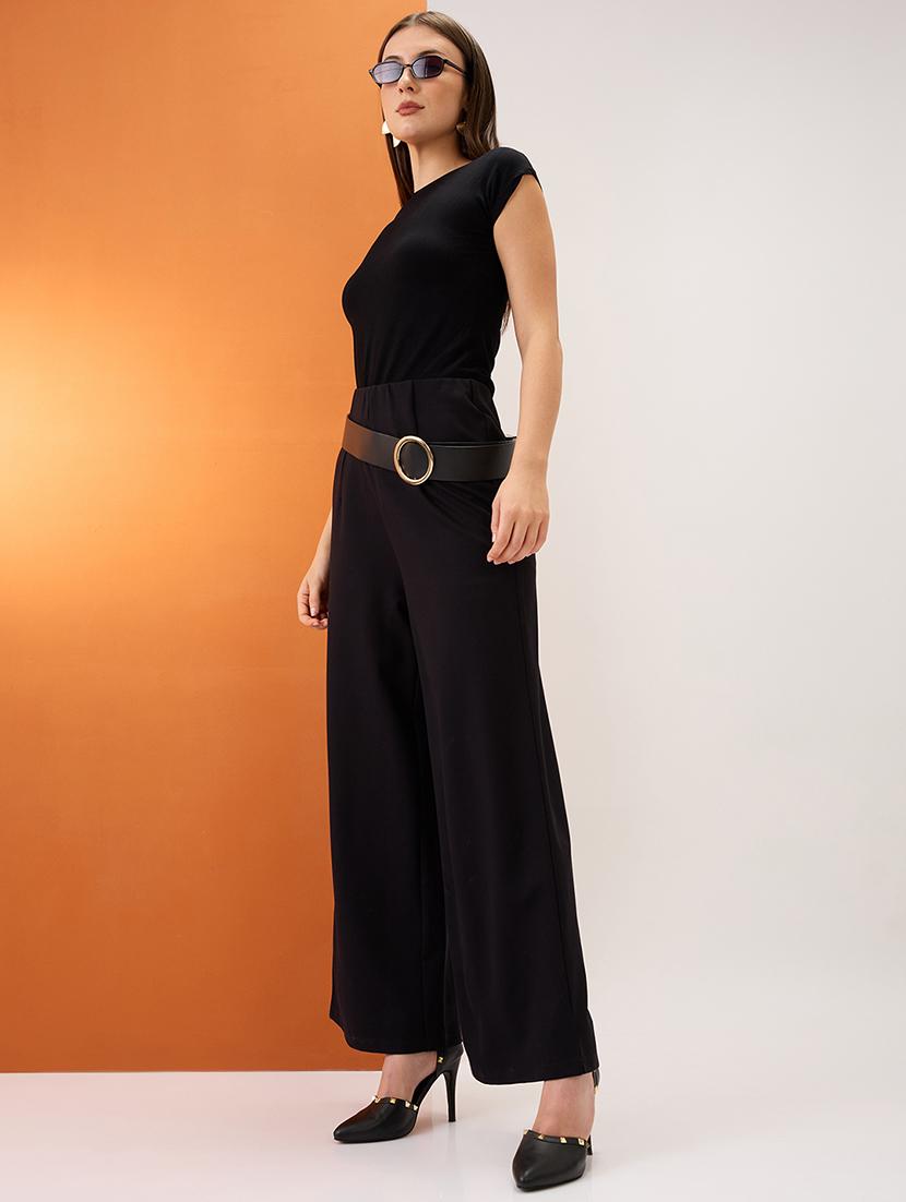 women black solid mid-rise relaxed fit formal wide leg trousers - 21980222 - Standard Image - 3