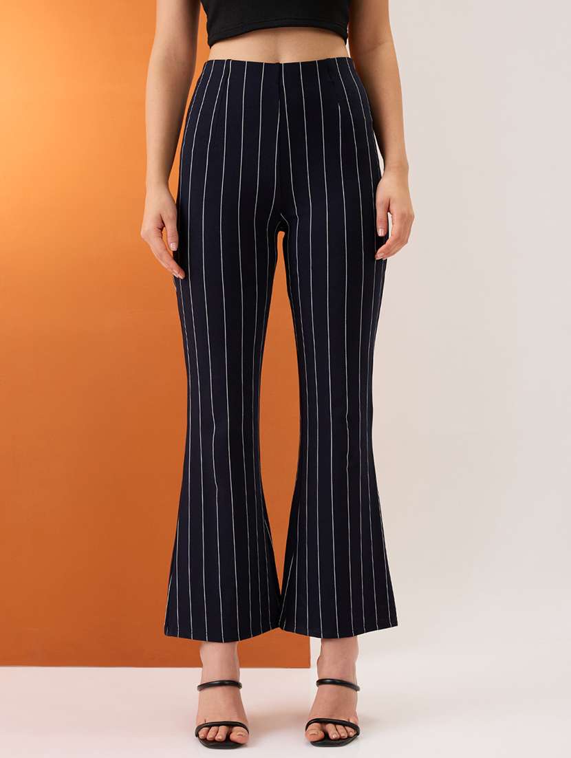 women navy striped mid-rise stretchable bootcut trousers