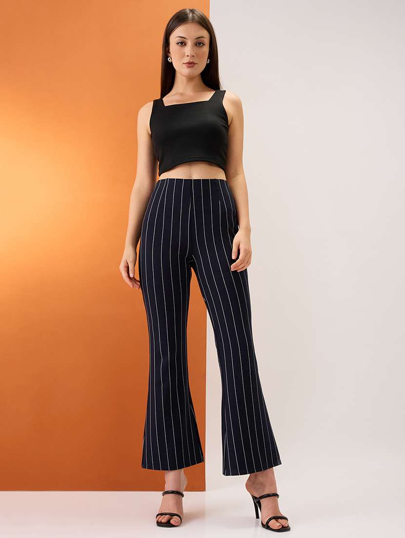 women navy striped mid-rise stretchable bootcut trousers - 21980223 -  Standard Image - 3
