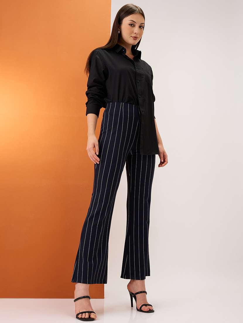 women navy striped mid-rise stretchable bootcut trousers - 21980223 -  Standard Image - 5