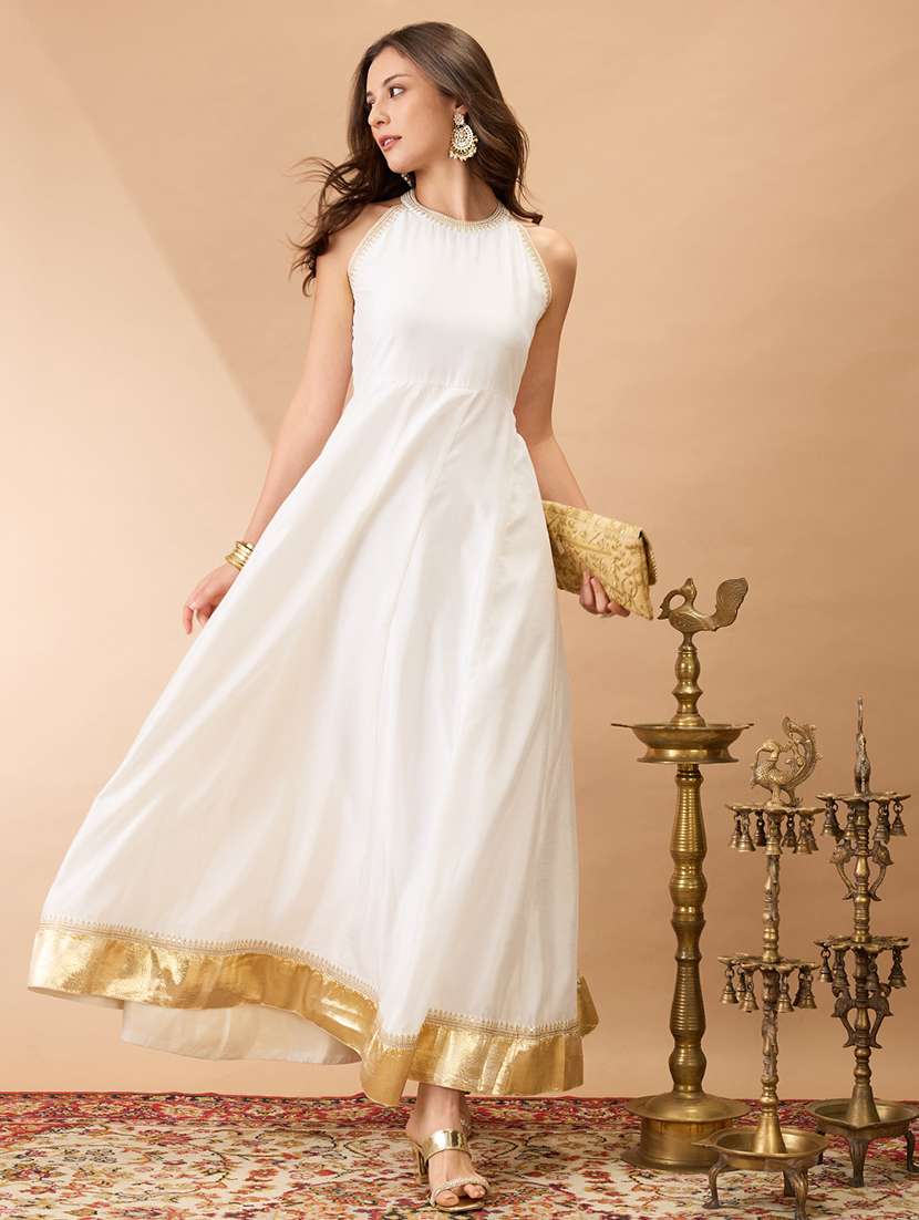 women off-white sequin embroidery halter neck gotta lace flared hem a-line maxi festive dress