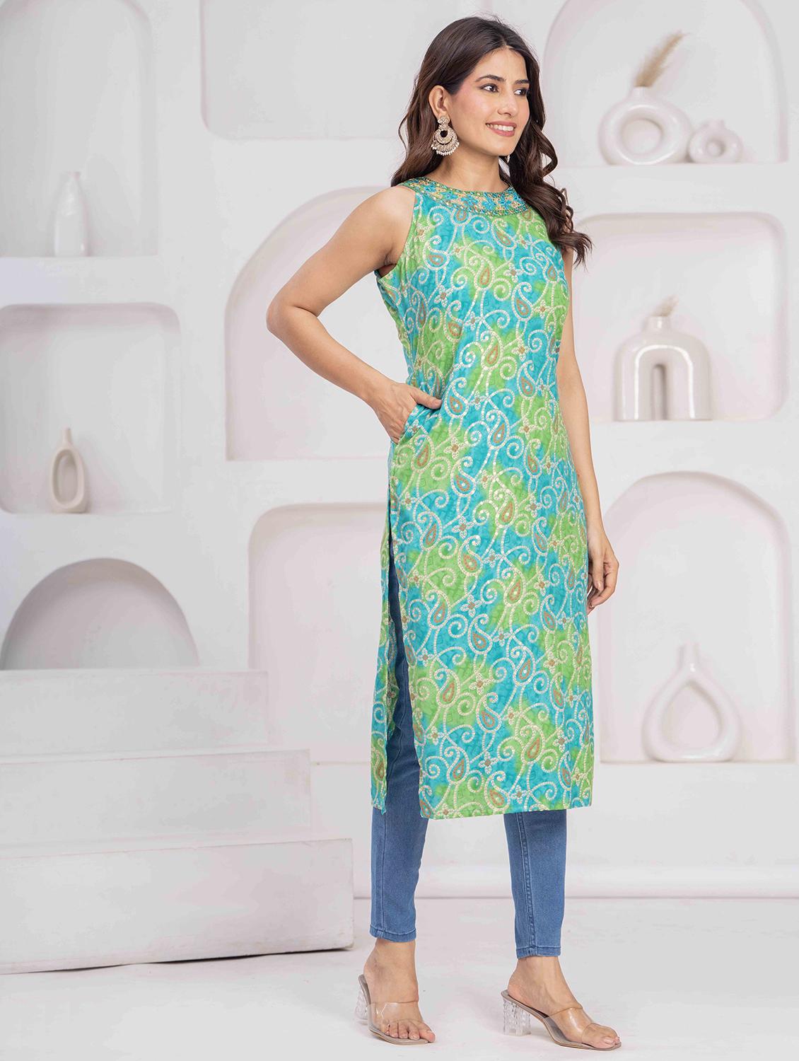 women printed halter neck straight kurta - 21980274 - Standard Image - 3