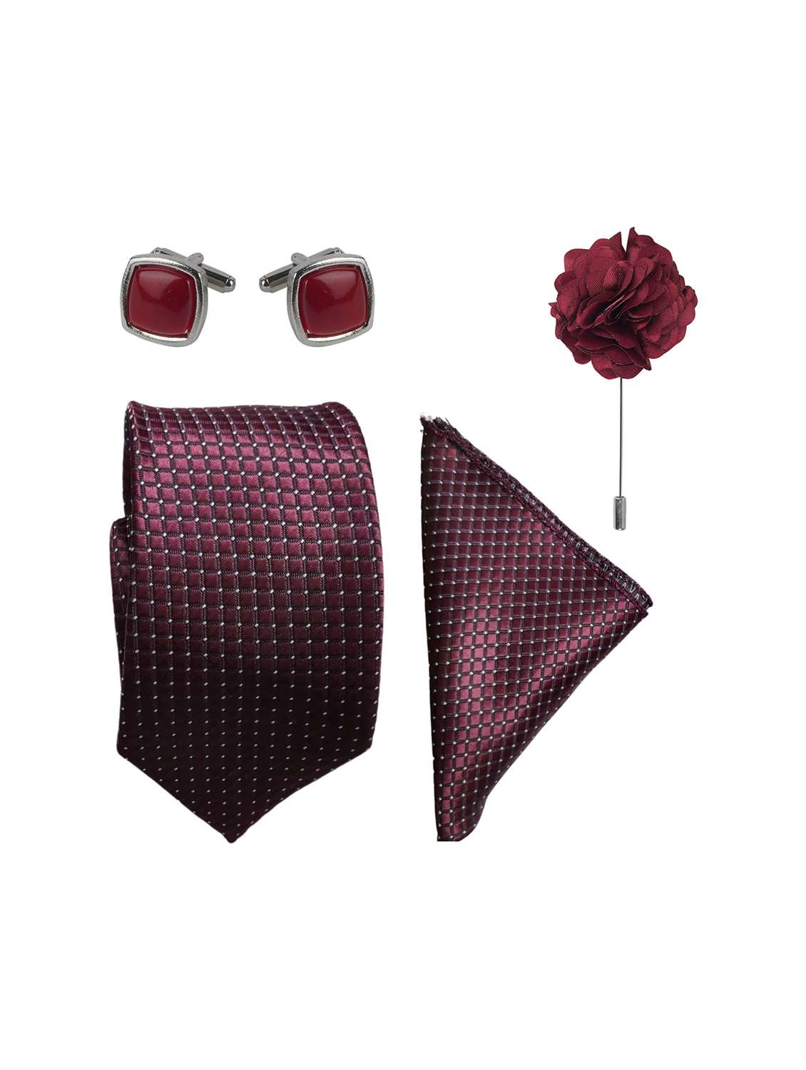 maroon tie cufflinks pocket square set - 21980294 - Zoom Image - 0