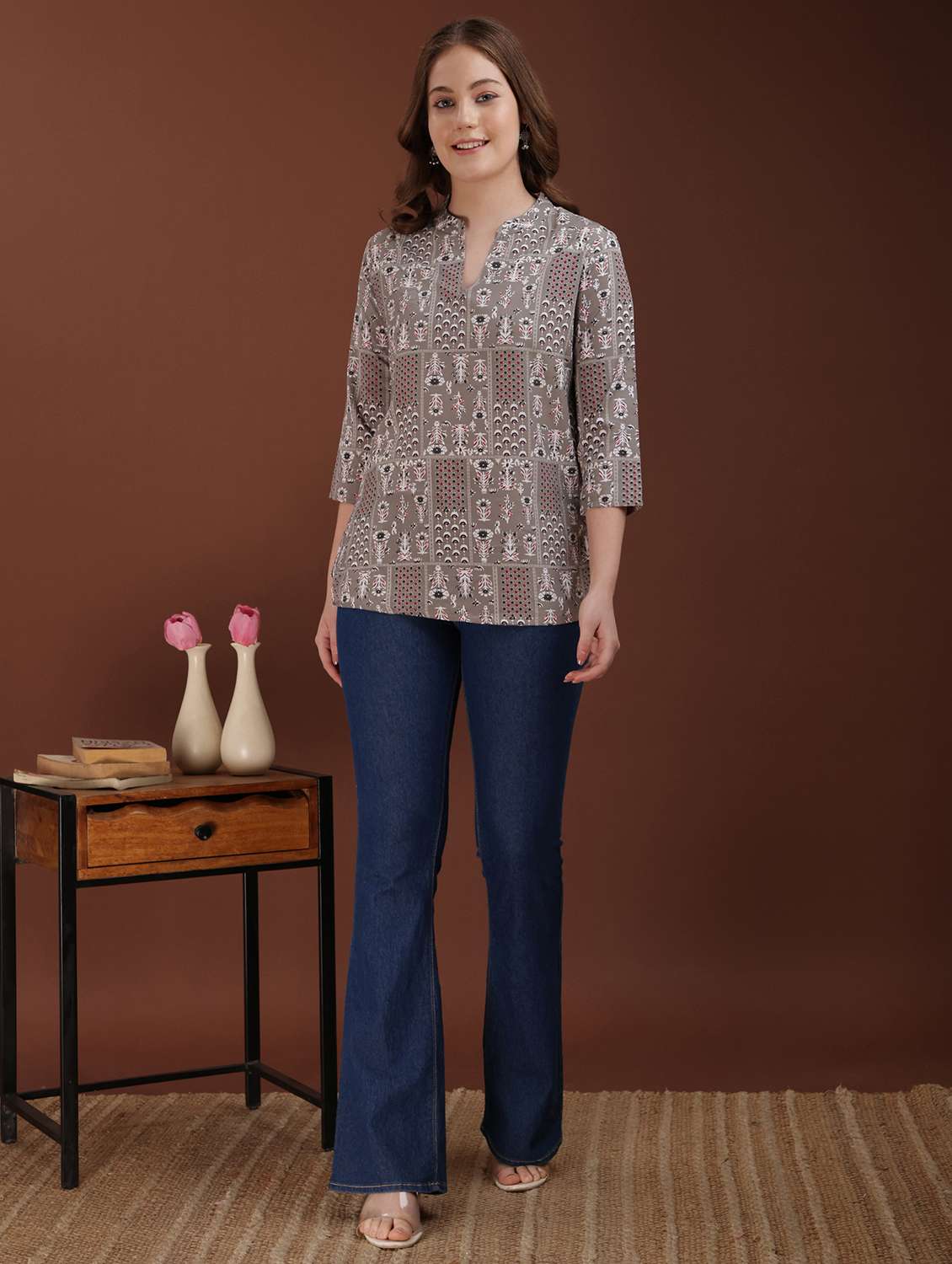 women printed three quarter sleeve straight kurti - 21980355 -  Standard Image - 3