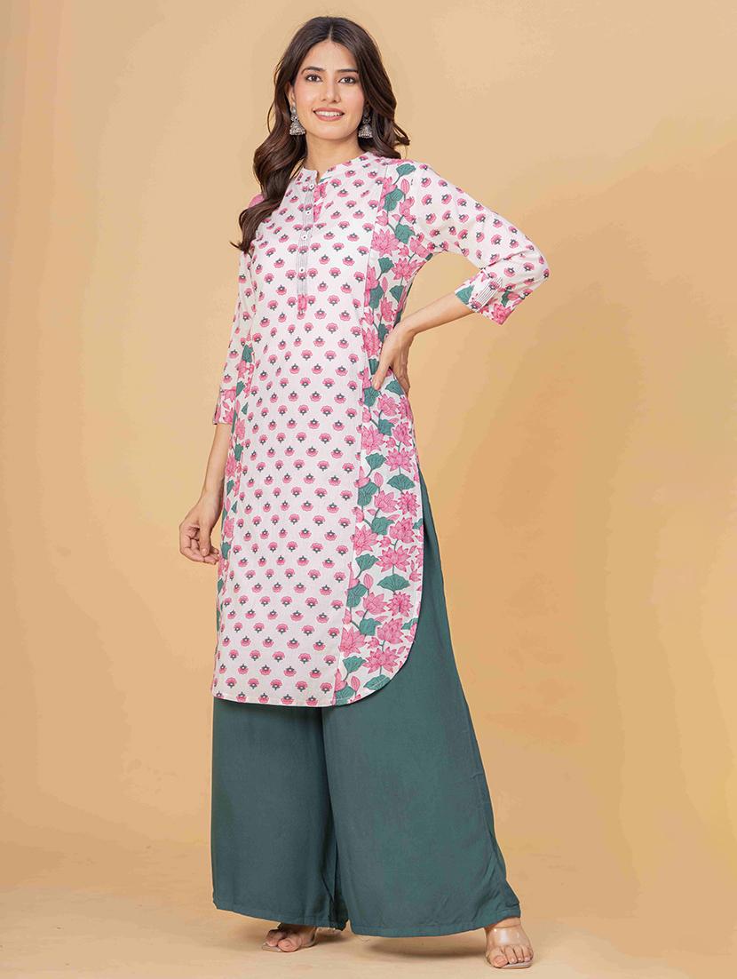 women floral three quarter sleeve straight kurta - 21980379 - Standard Image - 3