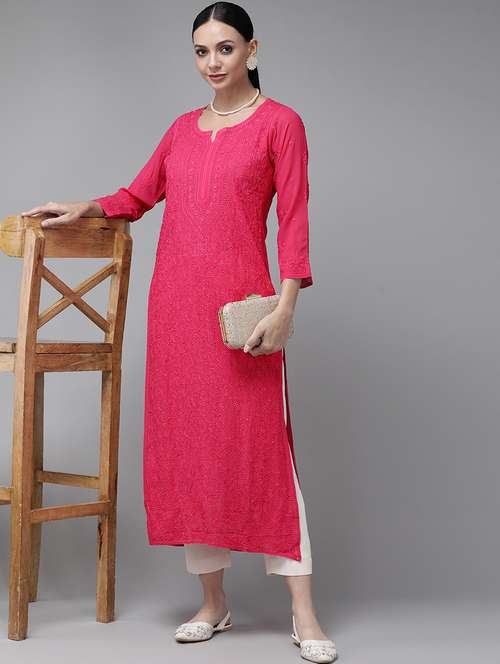 women chikankari long sleeve straight kurta - 21980382 -  Standard Image - 0