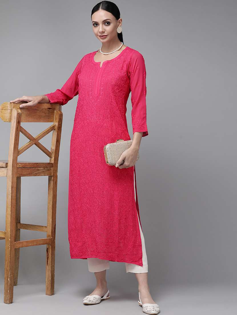 women chikankari long sleeve straight kurta
