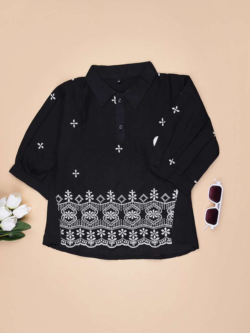 girls embroidered collared puff sleeve top - 21980541 -  Zoom Image - 0