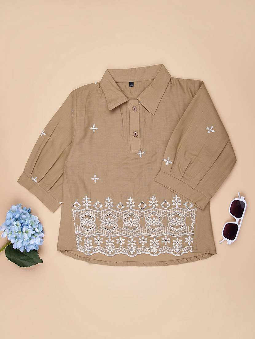 girls self designed collared puff sleeve top