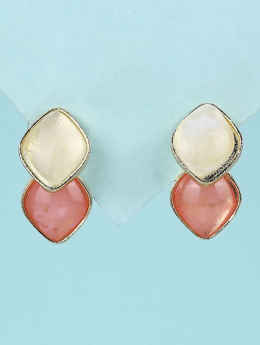 fashionable cream and pink stone drop earrings