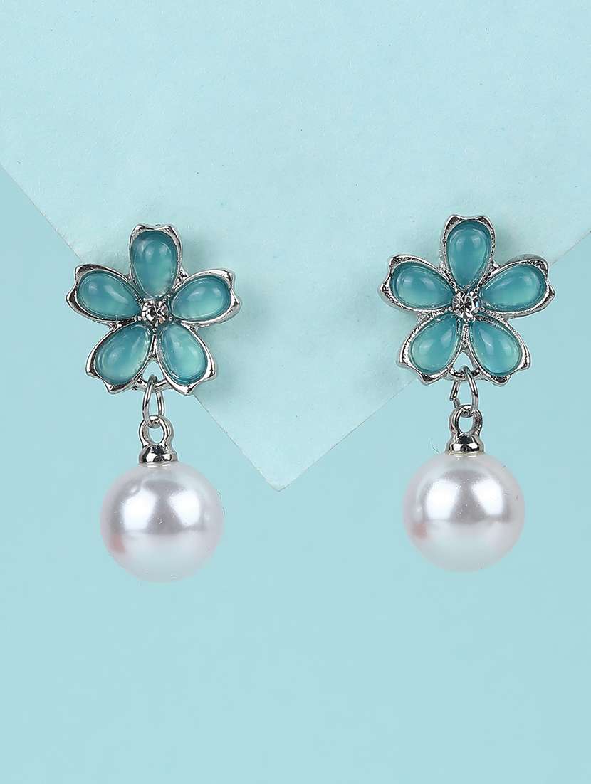 blue flower pearl drop earrings