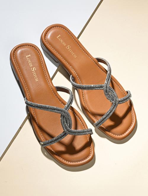women tan embellished slip on flats - 21980898 - Standard Image - 0