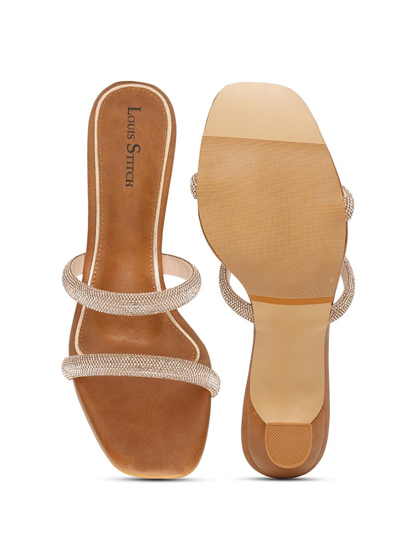 women tan embellished slip on heels - 21980906 - Standard Image - 3