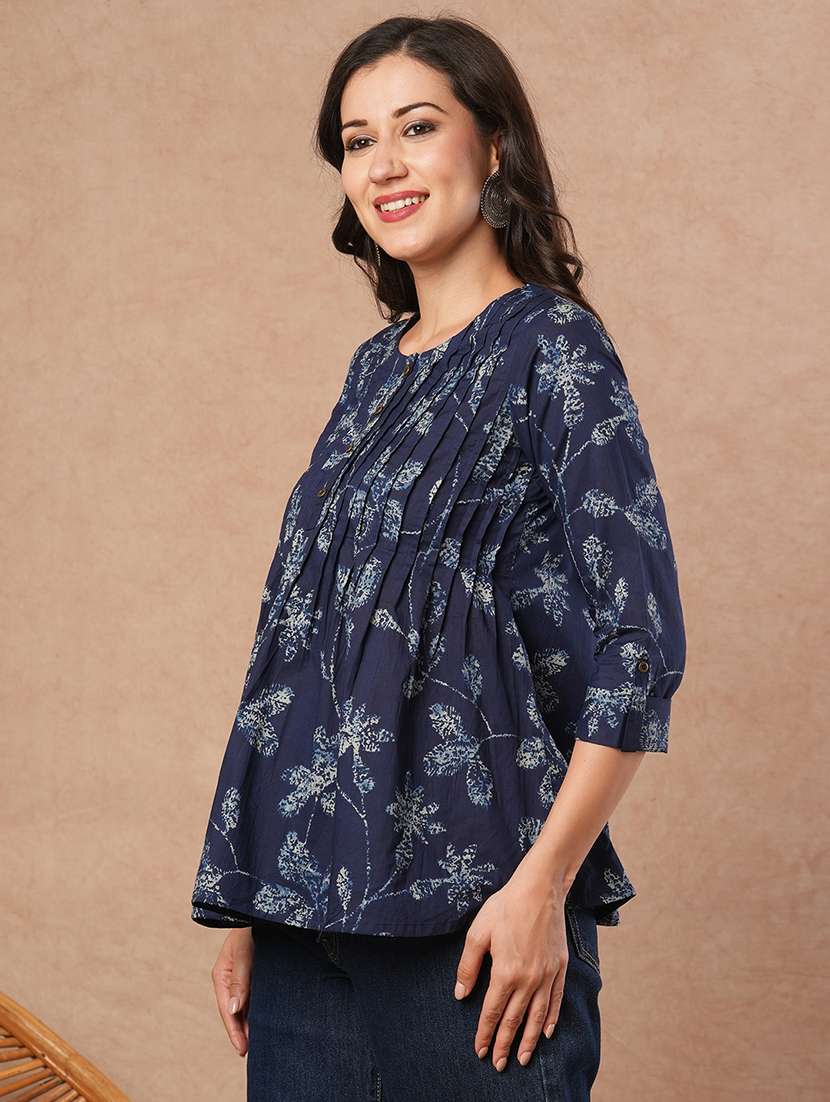 women navy blue printed round neck a-line top - 21980929 -  Standard Image - 3