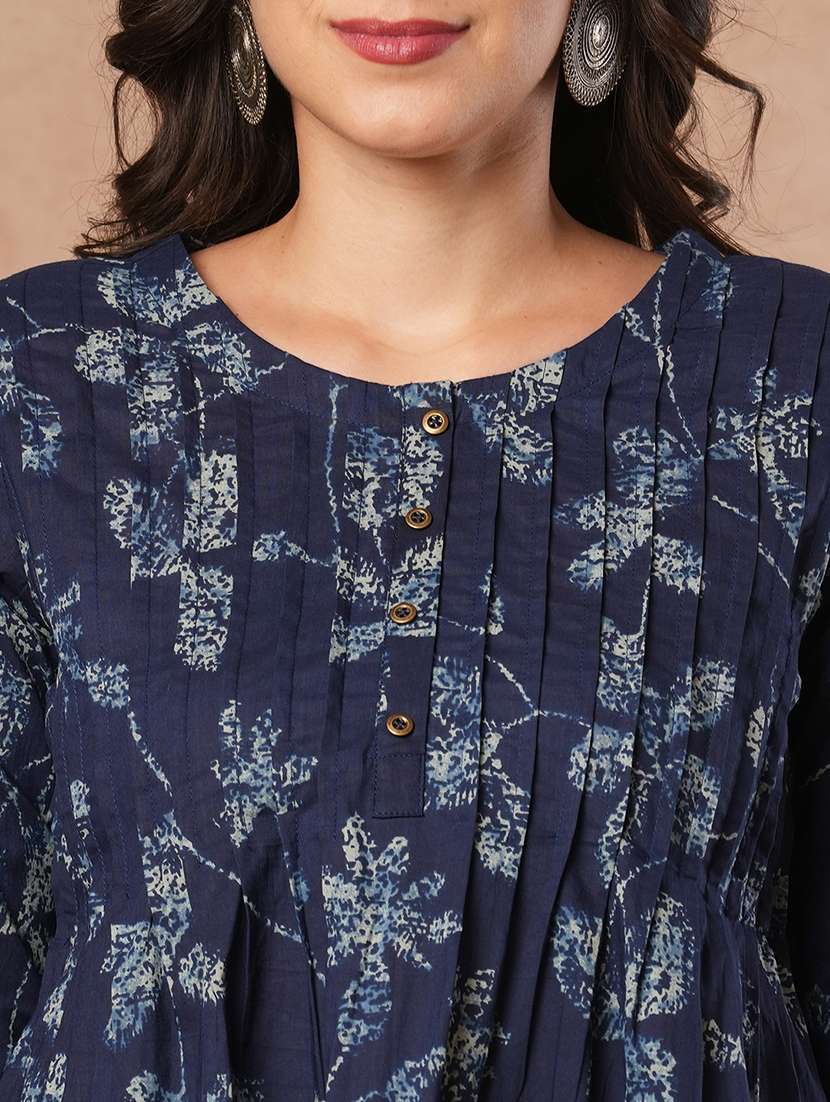 women navy blue printed round neck a-line top - 21980929 -  Standard Image - 5