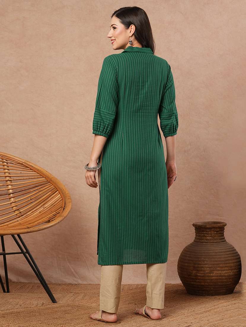 women striped puff sleeve collared kurta - 21980943 -  Standard Image - 3