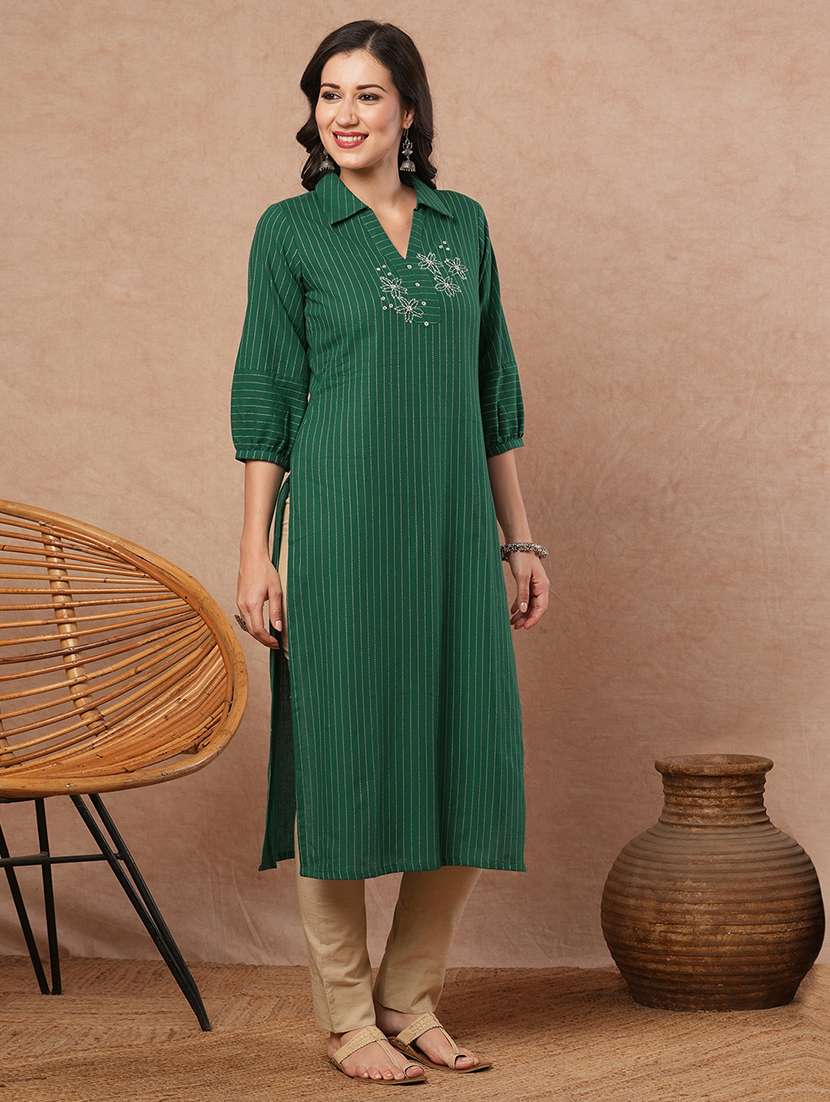 women striped puff sleeve collared kurta - 21980943 -  Standard Image - 5