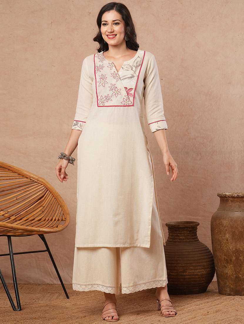 women floral three quarter sleeve straight kurta