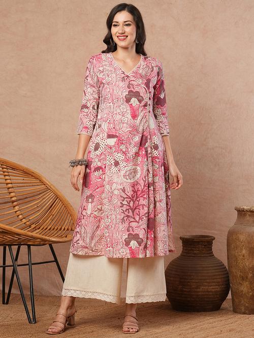 women floral three quarter sleeve angrakha kurta - 21980950 - Standard Image - 0
