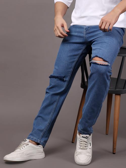 men light blue slash knee mid rise full length jeans - 21980965 -  Standard Image - 0