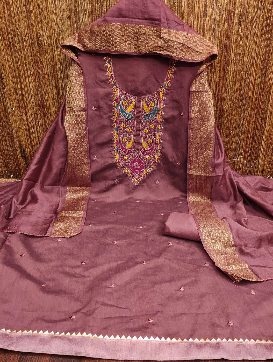 women solid with work embroidered unstitched suit set - 21981017 -  Standard Image - 3