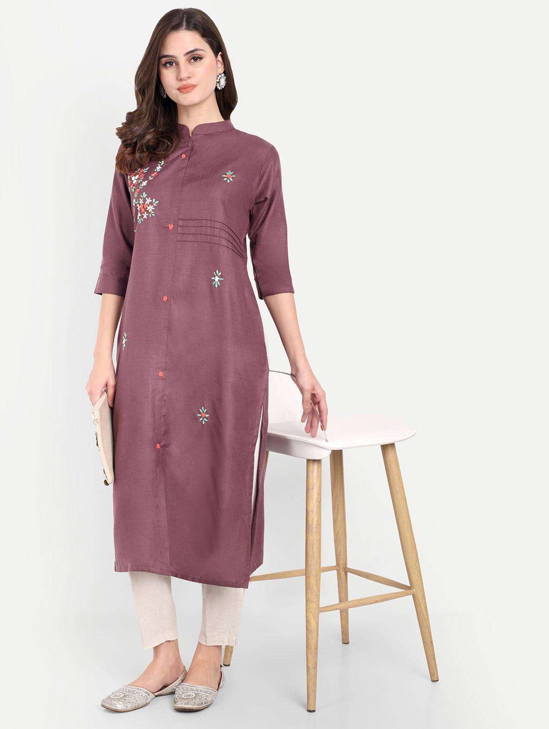 women embroidered three quarter sleeve kurta