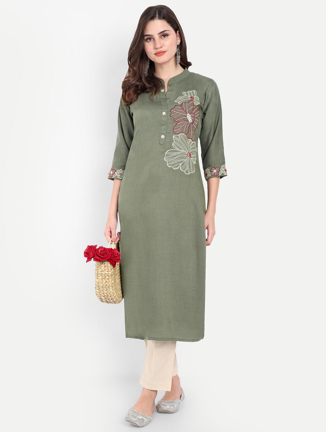 women embroidered three quarter sleeve kurta